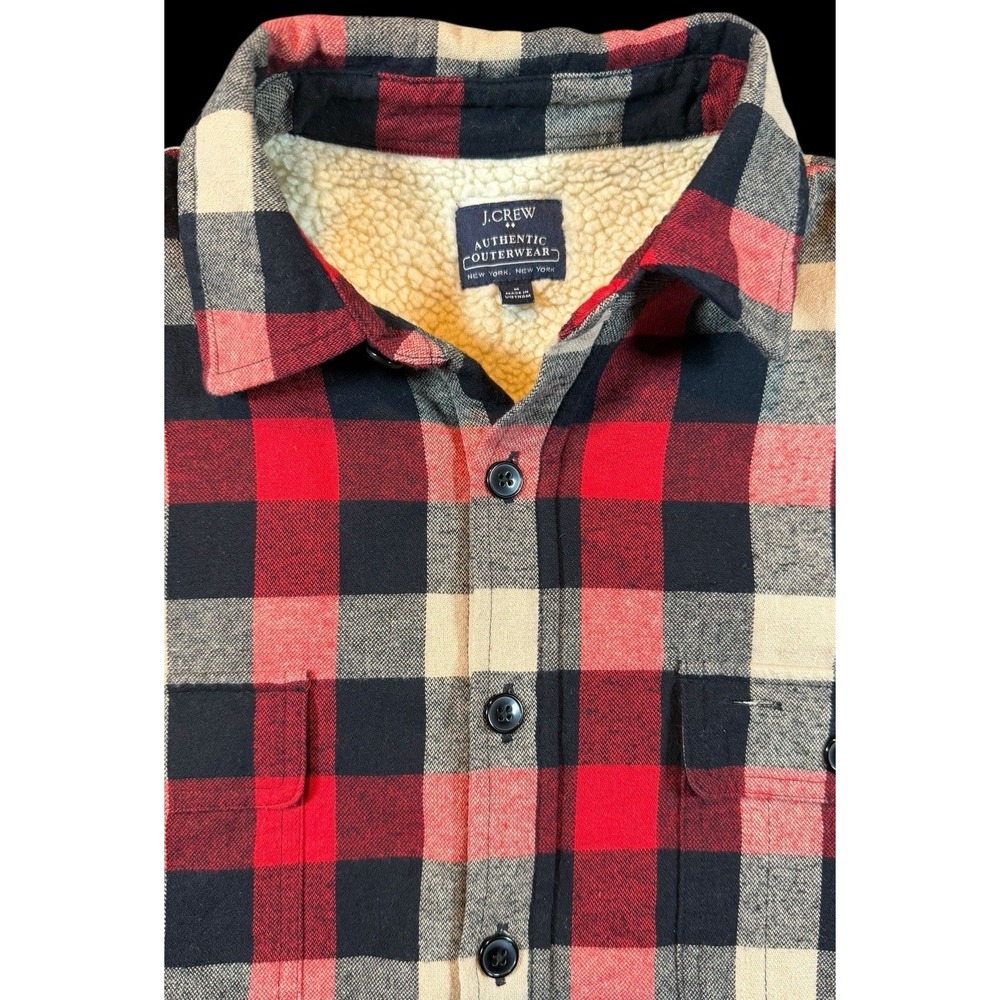 J Crew Authentic Outerwear Sherpa Lined Flannel Red Shirt Buffalo Plaid Large
